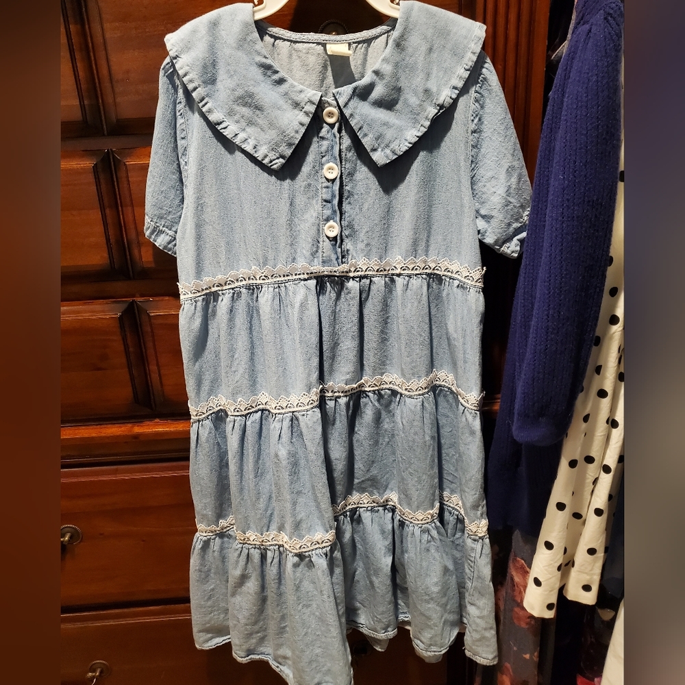 TWO ITEMS! Bundle Girls' Blue Tiered Short Sleeved Dress/Tunic Top & Navy Shirt!